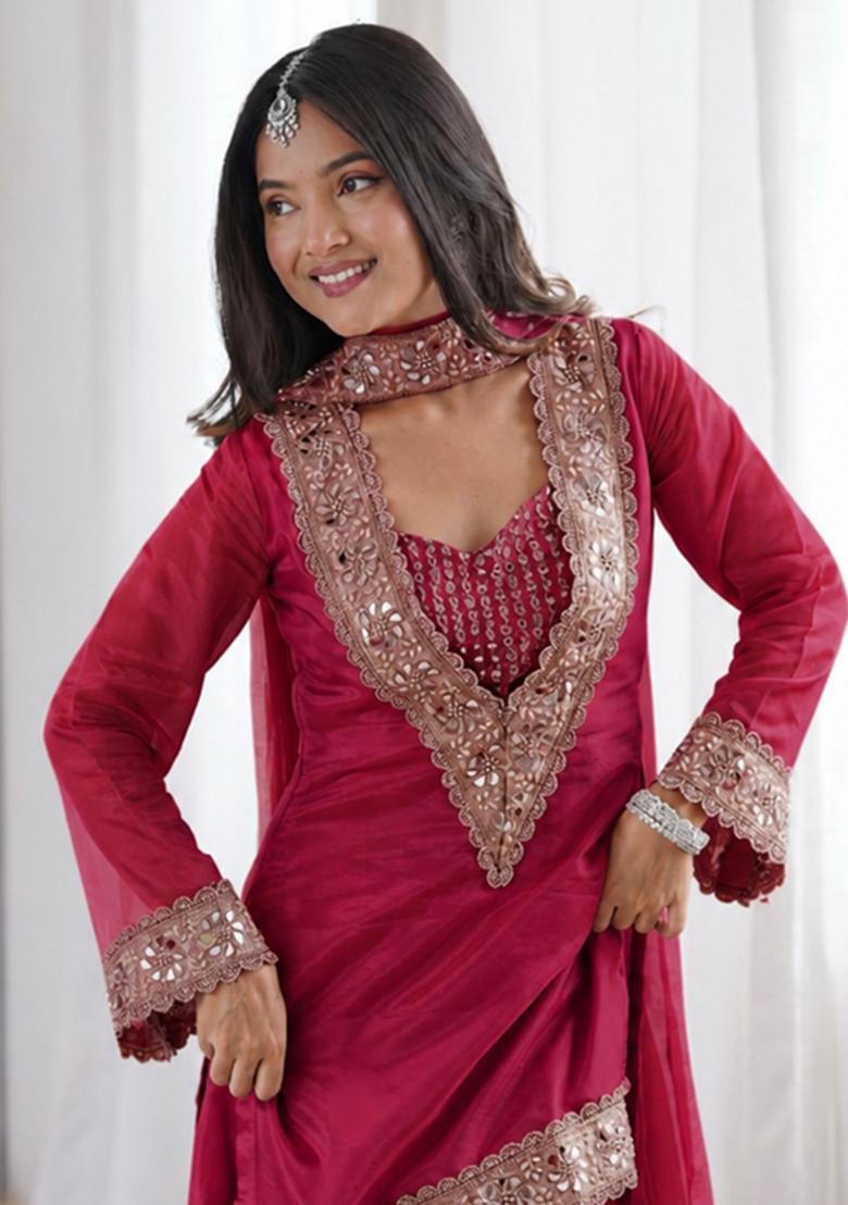 Cherry Mirror Work Chinon Kurta Set - Indya