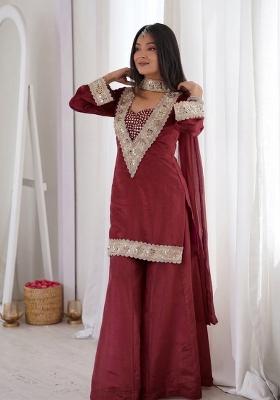 Maroon Mirror Work Chinon Kurta Set