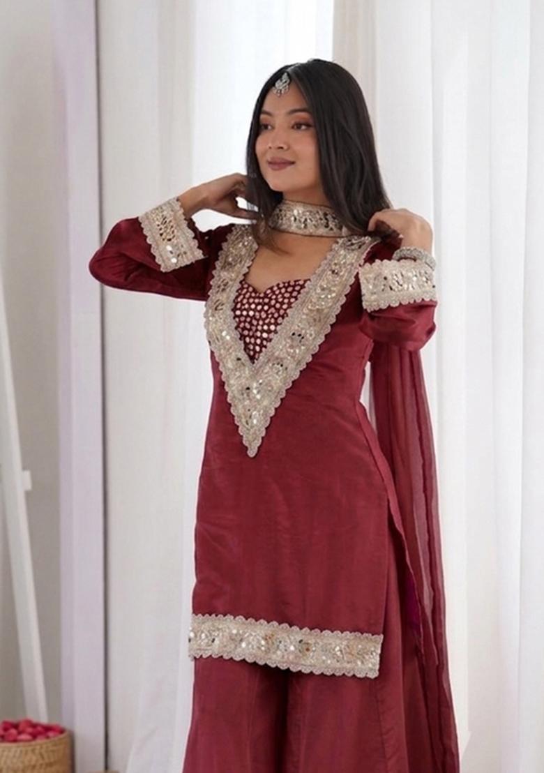 Maroon Mirror Work Chinon Kurta Set - Indya