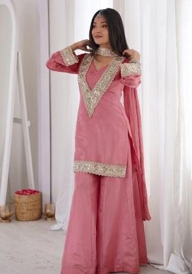 Pink Mirror Work Chinon Kurta Set