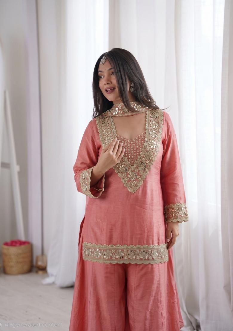 Pink Mirror Work Chinon Kurta Set - Indya