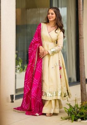 Cream Gota Patti Work Chinon Kurta Set