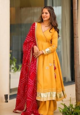 Yellow Gota Patti Work Chinon Kurta Set