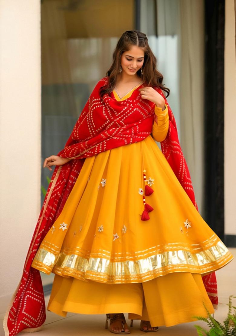 Yellow Gota Patti Work Chinon Kurta Set - Indya
