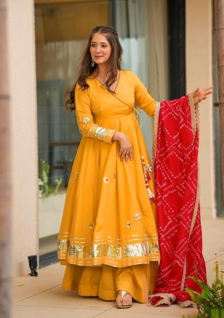 Yellow Gota Patti Work Chinon Kurta Set - Indya