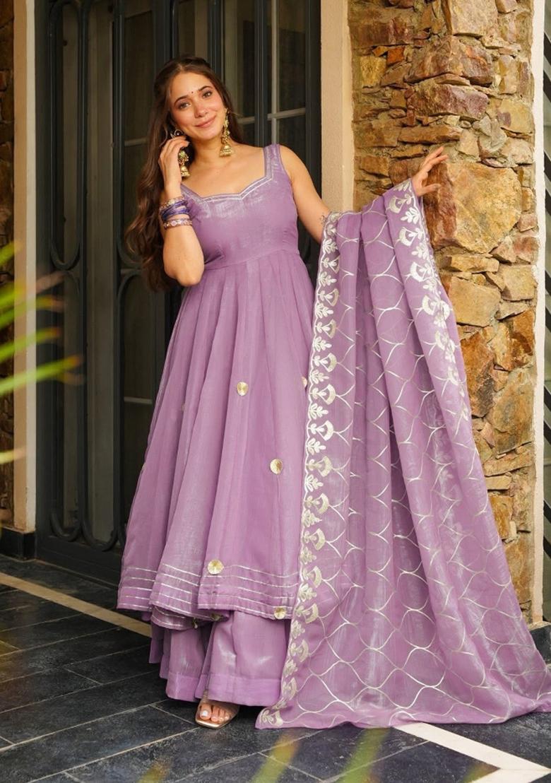 Lavender Gota Patti Work Chiffon Kurta Set - Indya