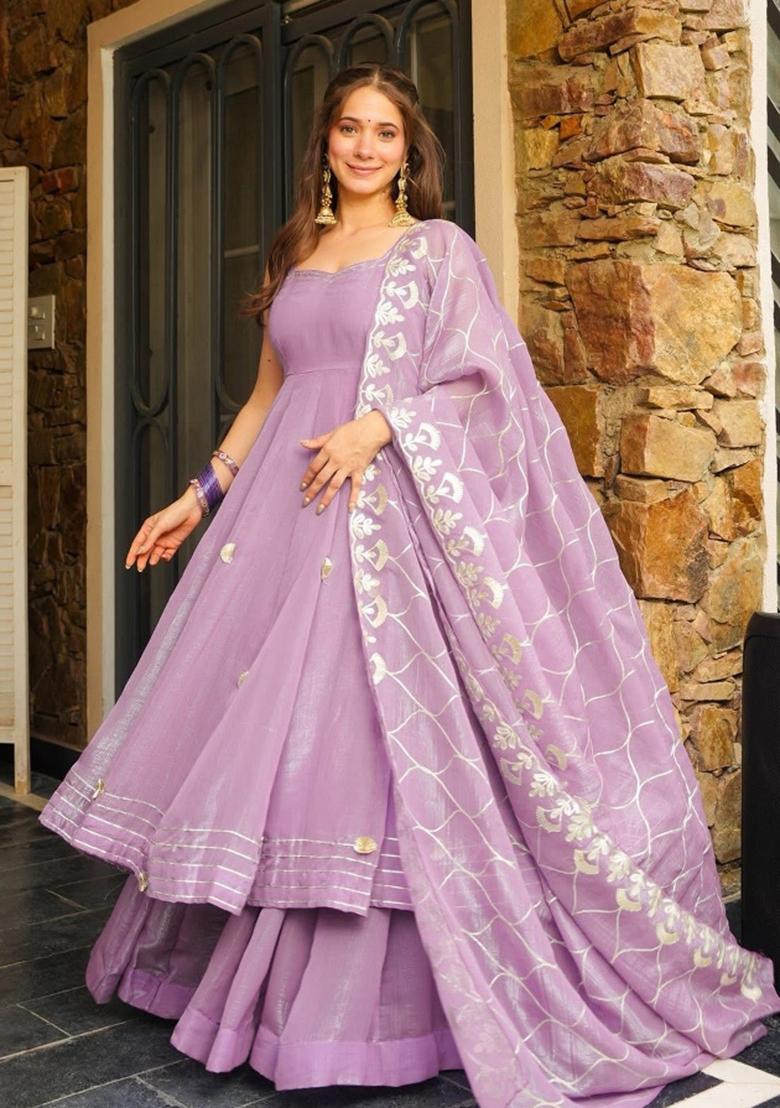 Lavender Gota Patti Work Chiffon Kurta Set - Indya