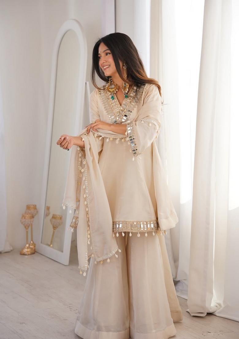 Cream Mirror Work Chinon Kurta Set - Indya