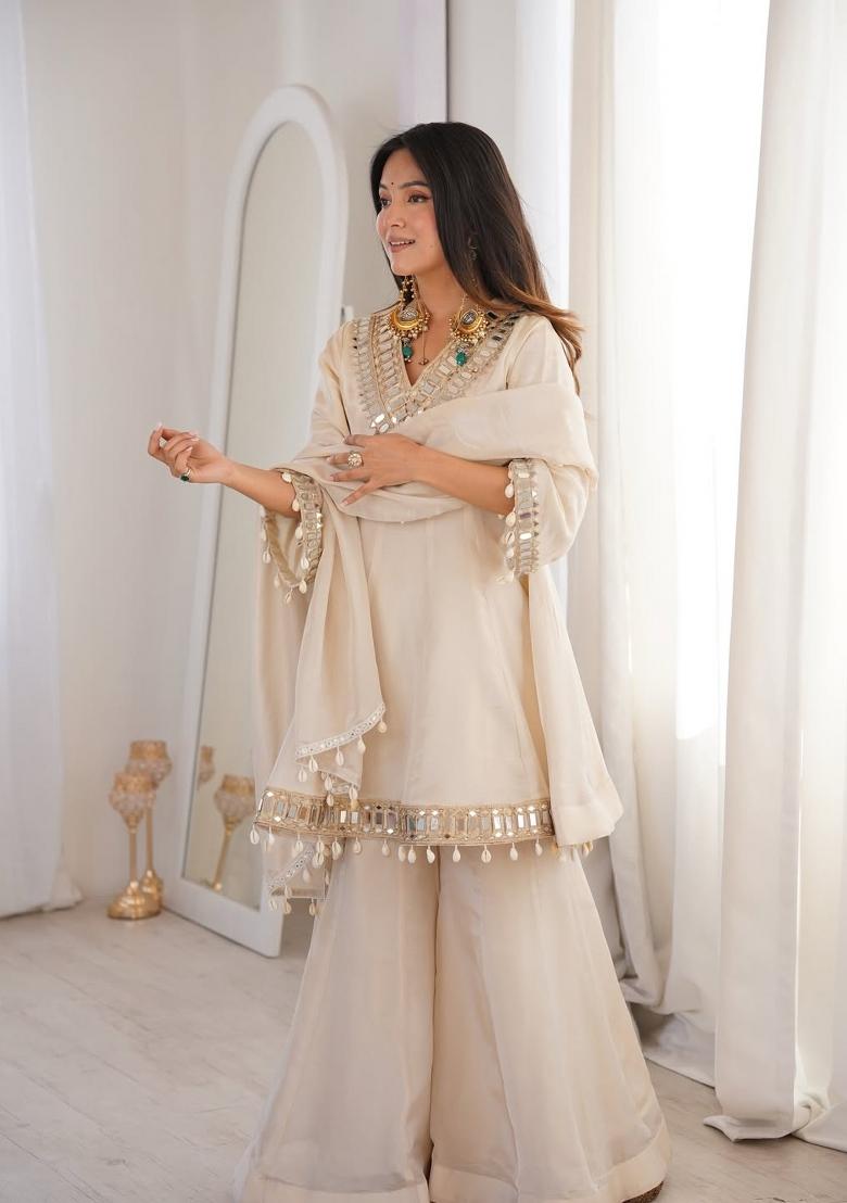 Cream Mirror Work Chinon Kurta Set - Indya