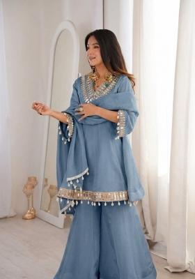 Blue Mirror Work Chinon Kurta Set