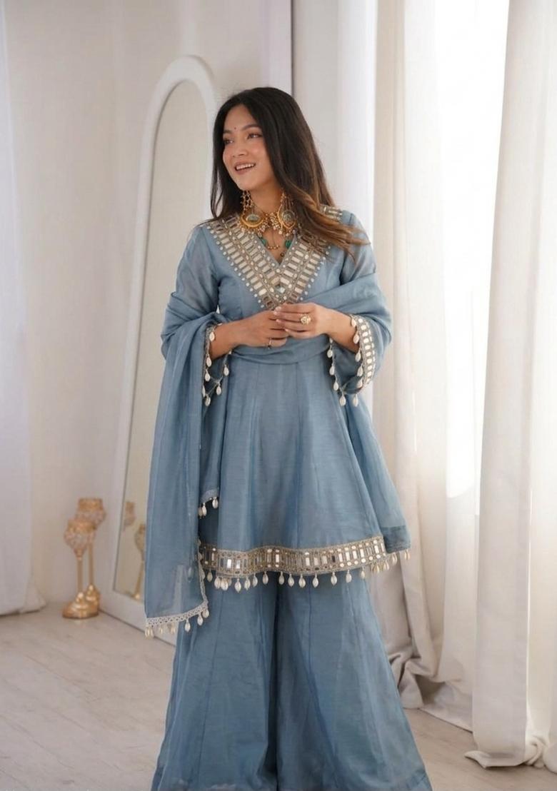 Blue Mirror Work Chinon Kurta Set - Indya