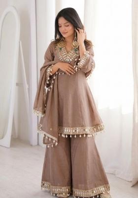Brown Mirror Work Chinon Kurta Set