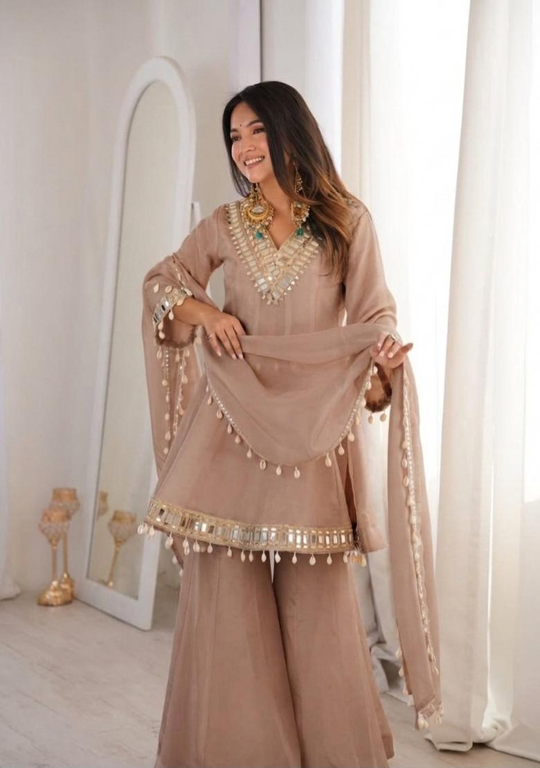 Brown Mirror Work Chinon Kurta Set - Indya