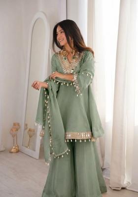 Dusty Green Mirror Work Chinon Kurta Set