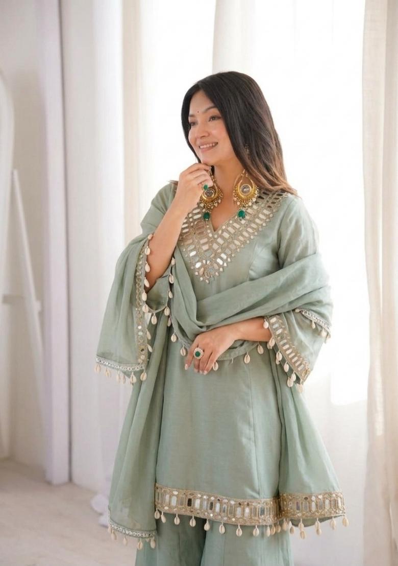 Dusty Green Mirror Work Chinon Kurta Set - Indya