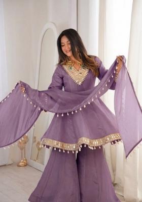Lavender Mirror Work Chinon Kurta Set