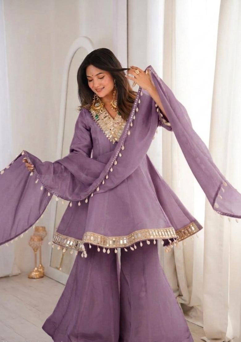 Lavender Mirror Work Chinon Kurta Set - Indya