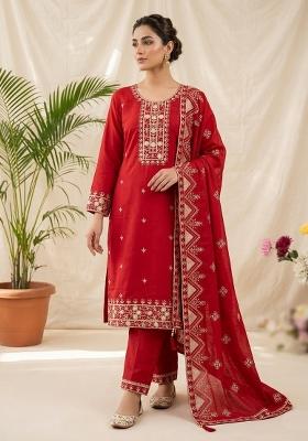 Red Embroidered Silk Blend Kurta Set