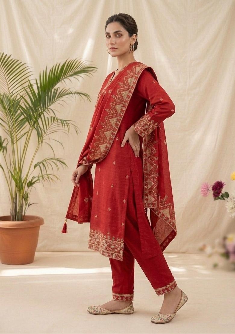 Red Embroidered Silk Blend Kurta Set - Indya