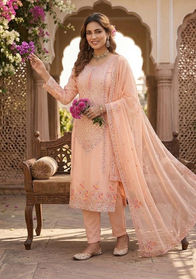 Peach Embroidered Georgette Kurta Set - Indya
