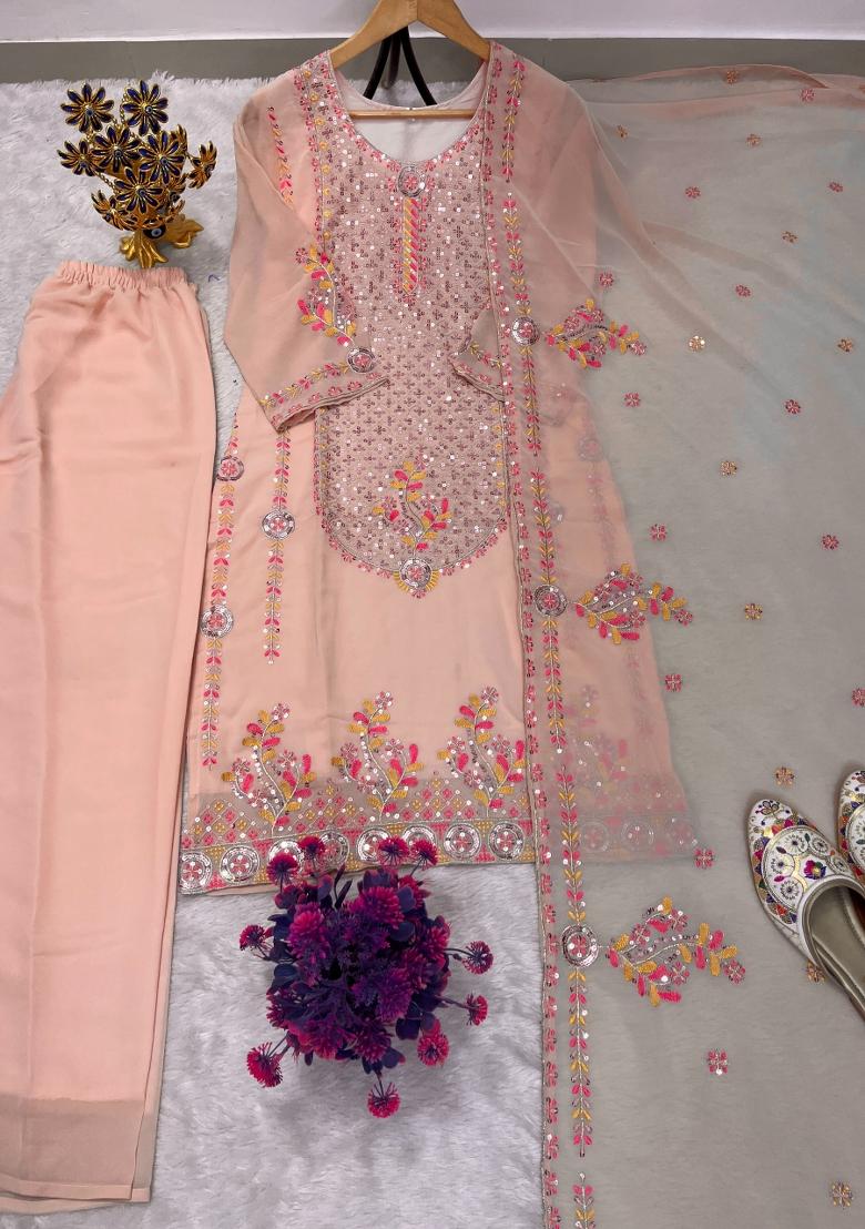 Peach Embroidered Georgette Kurta Set - Indya