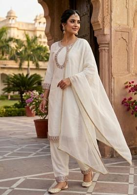 White Embroidered Silk Blend Kurta Set