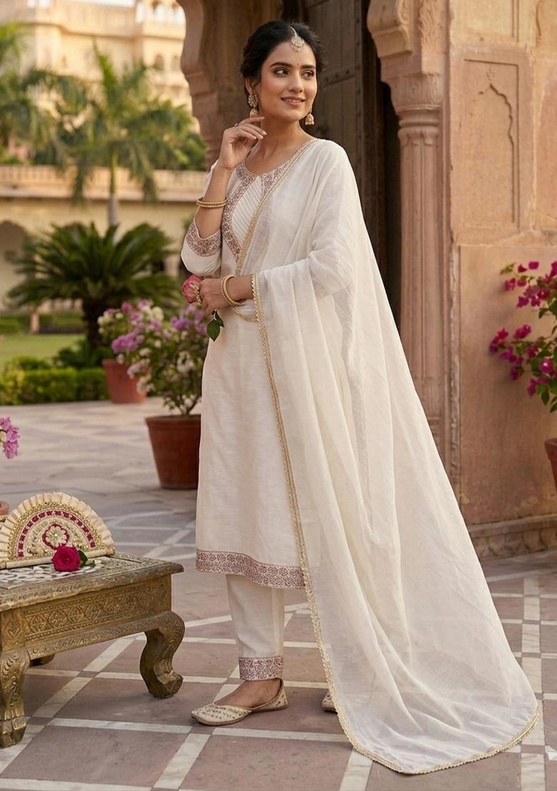 White Embroidered Silk Blend Kurta Set - Indya