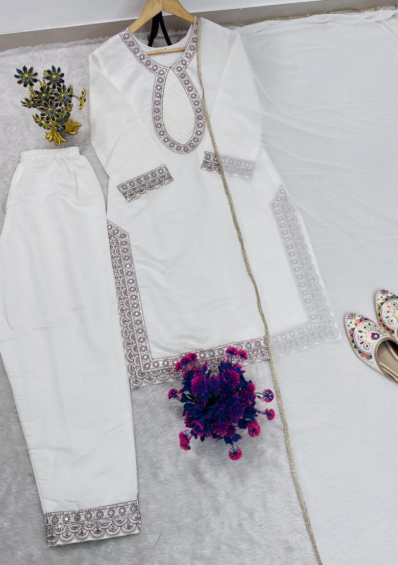 White Embroidered Silk Blend Kurta Set - Indya