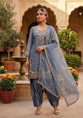 Grey Embroidered Silk Blend Kurta Set