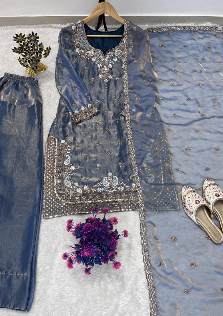 Grey Embroidered Silk Blend Kurta Set - Indya
