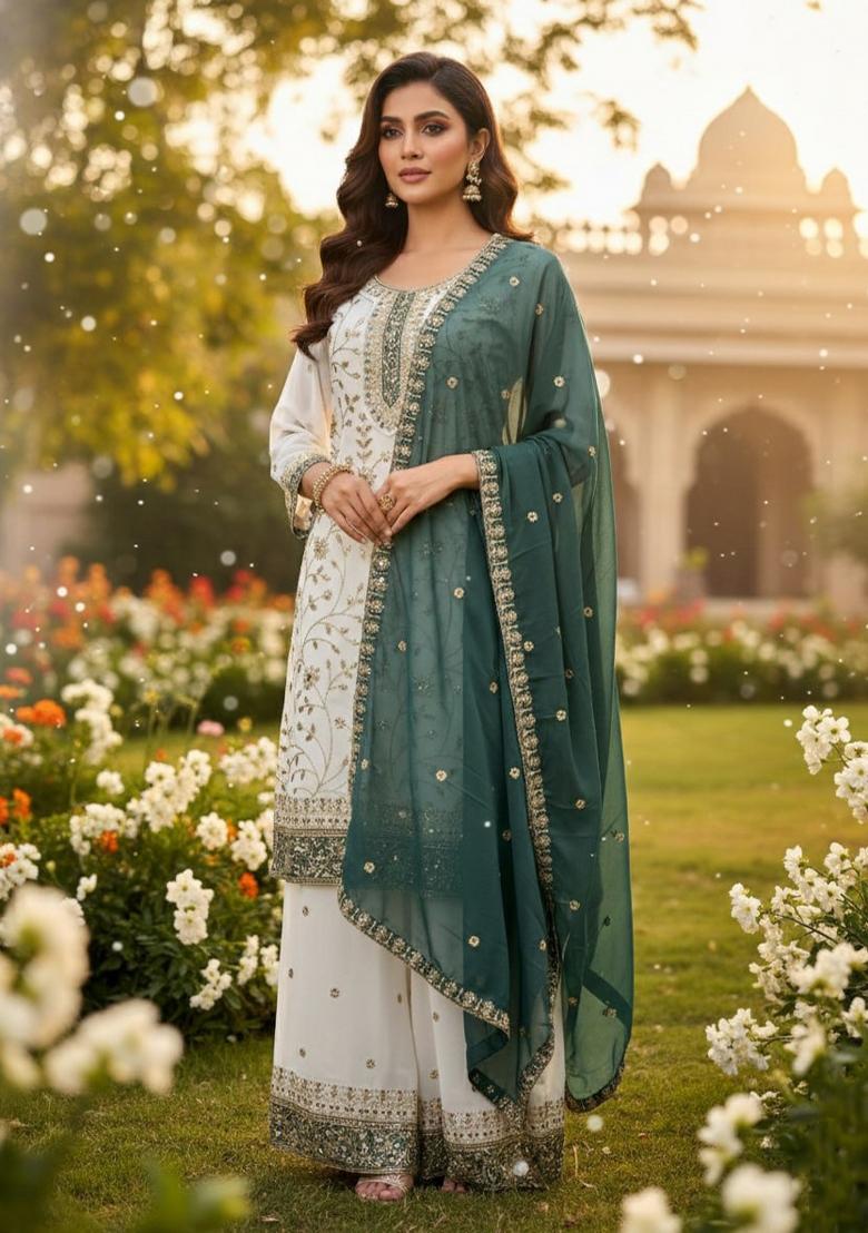 White Embroidered Georgette Kurta Set - Indya