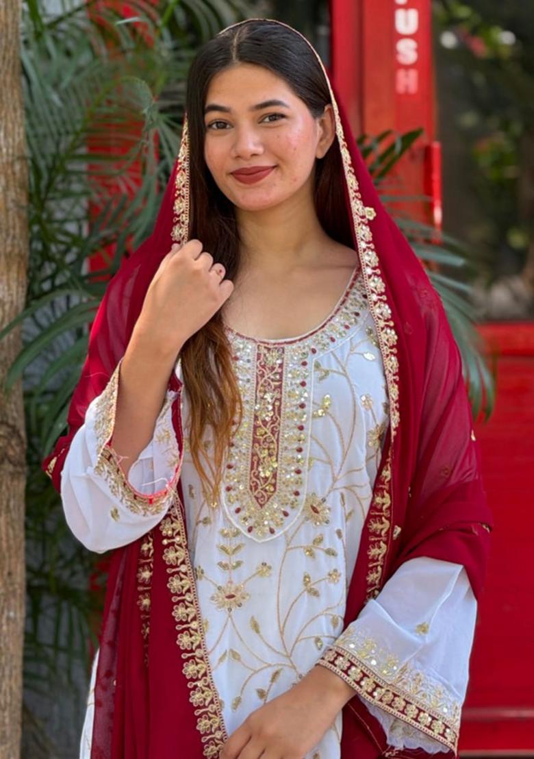 White Embroidered Georgette Kurta Set - Indya