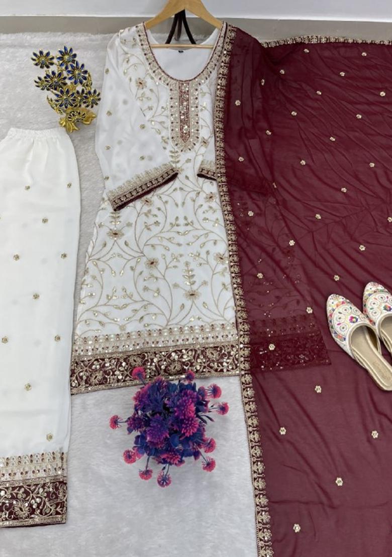 White Embroidered Georgette Kurta Set - Indya