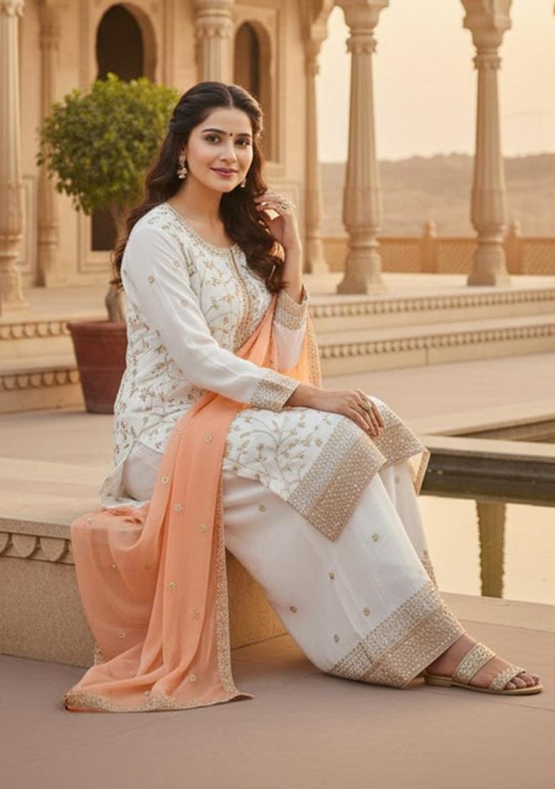 White Embroidered Georgette Kurta Set - Indya
