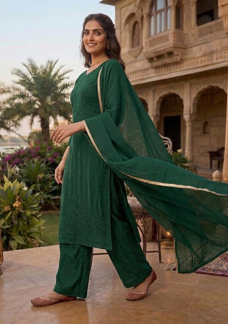 Green Embroidered Georgette Kurta Set - Indya