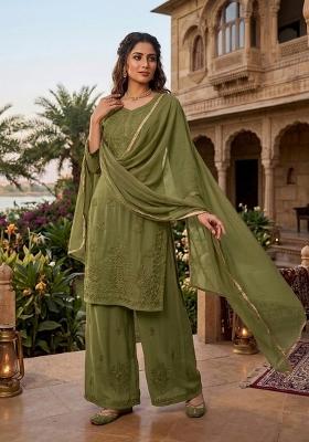 Pista Green Embroidered Georgette Kurta Set