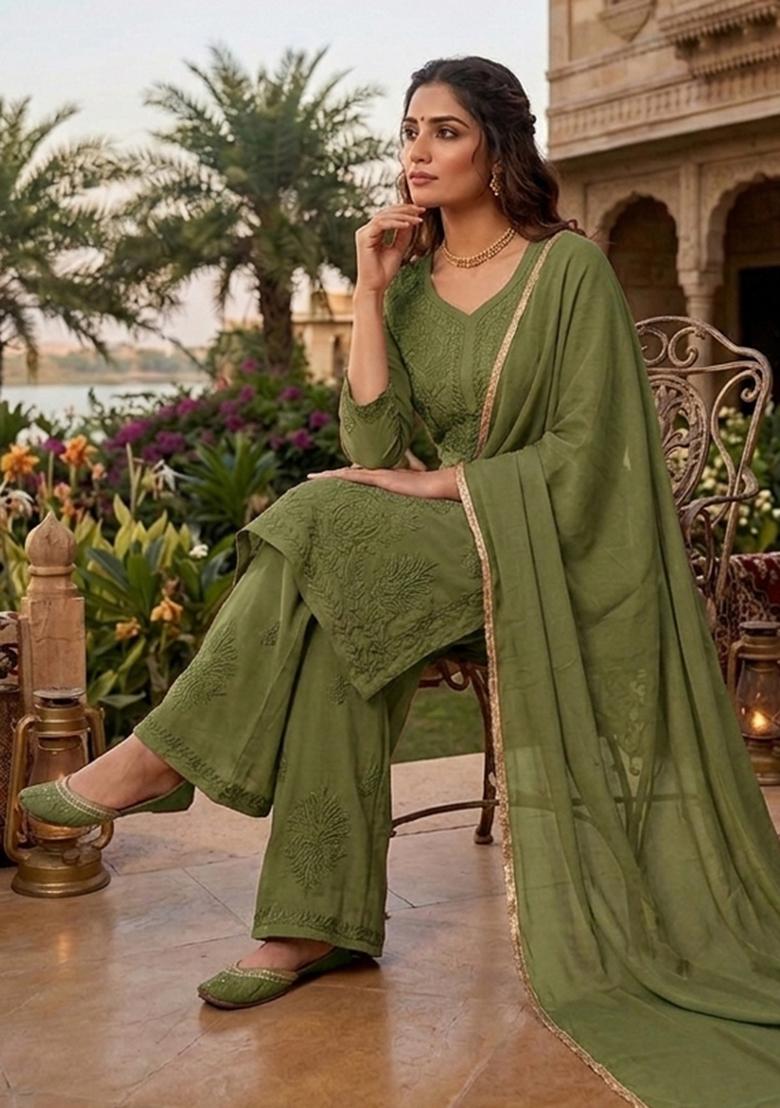 Pista Green Embroidered Georgette Kurta Set - Indya