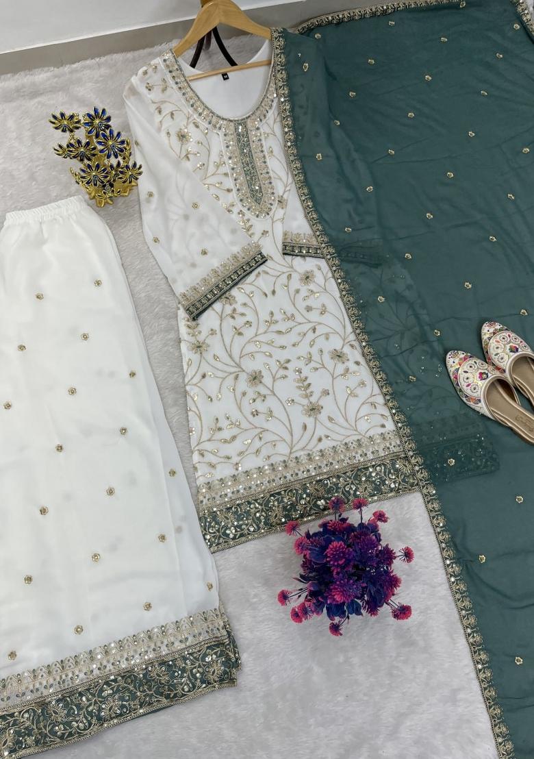White Embroidered Georgette Kurta Set - Indya
