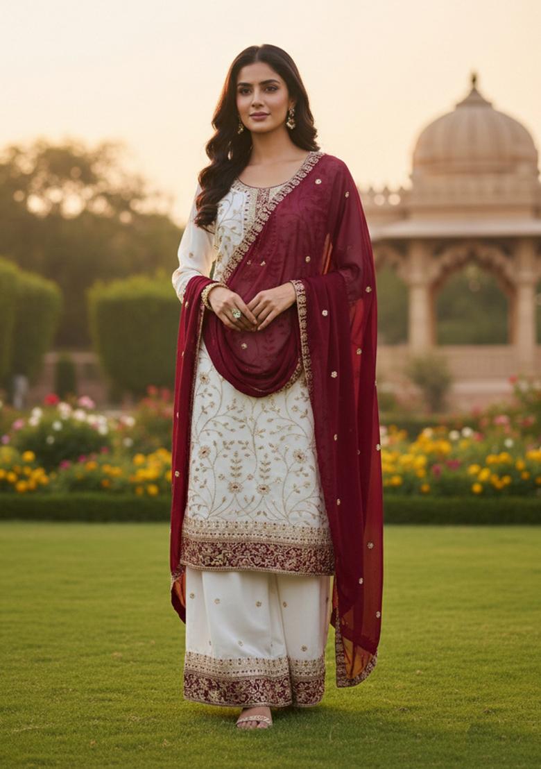 White Embroidered Georgette Kurta Set - Indya