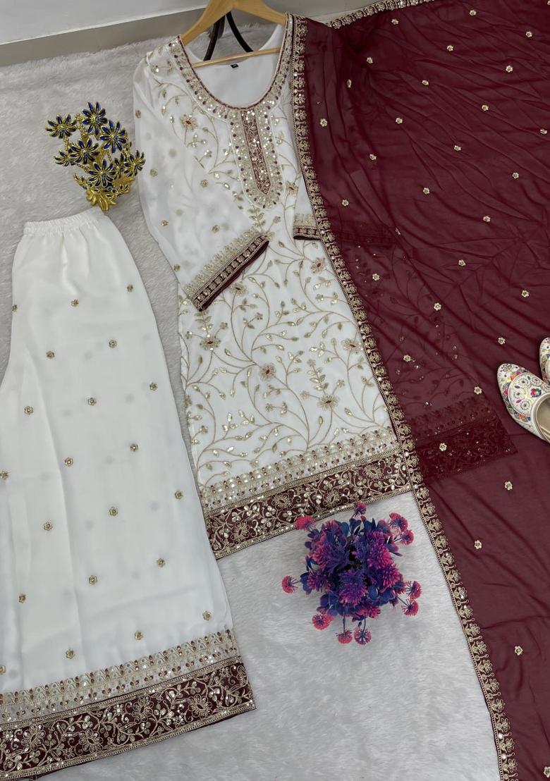 White Embroidered Georgette Kurta Set - Indya