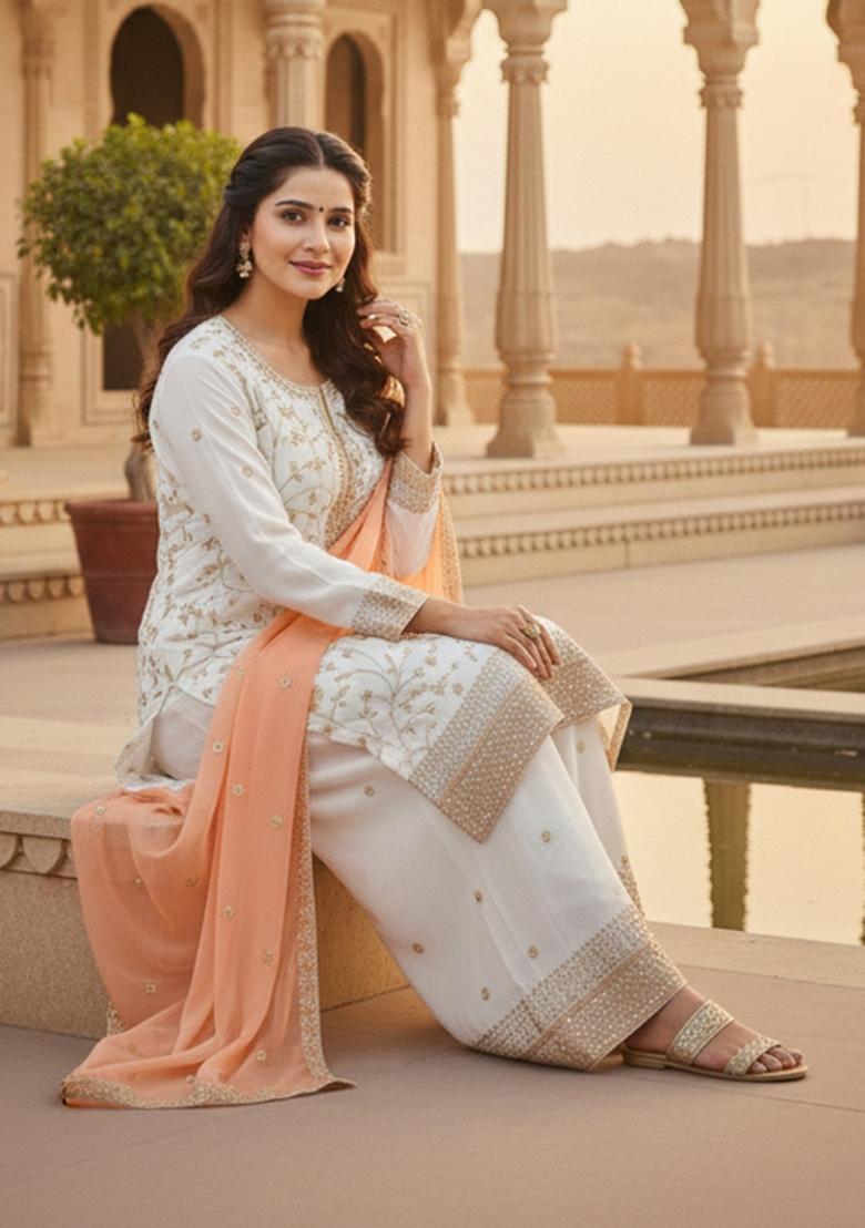 White Embroidered Georgette Kurta Set - Indya