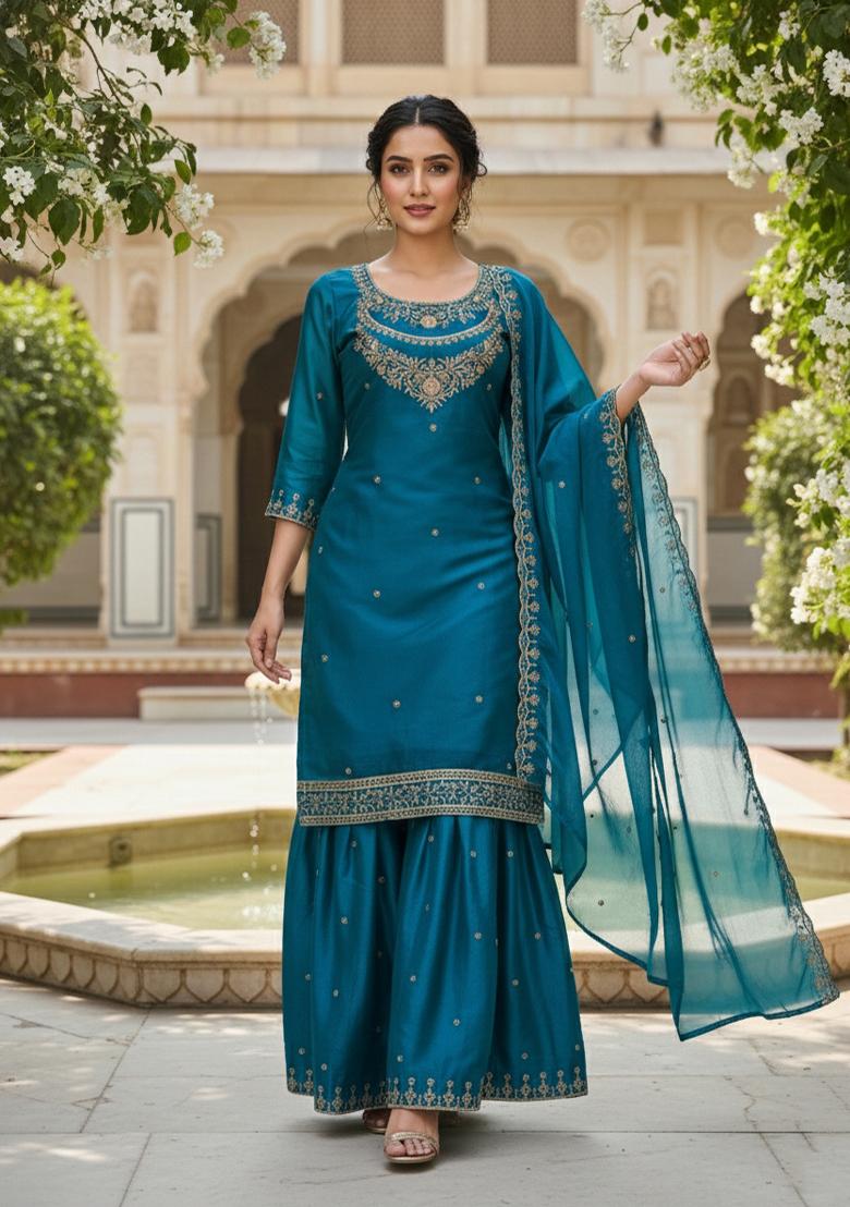 Teal Embroidered Silk Blend Kurta Set - Indya