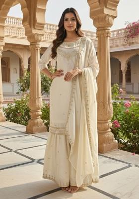 White Embroidered Silk Blend Kurta Set
