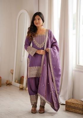 Purple Zari Work Silk Blend Kurta Set