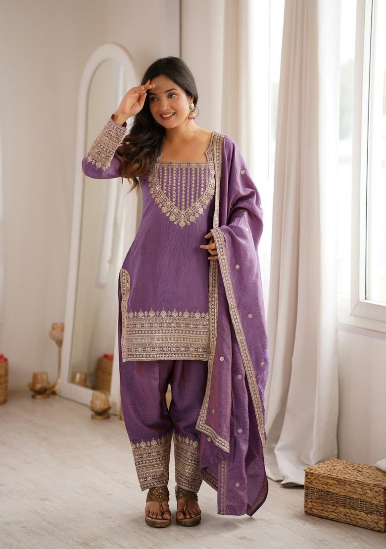 Purple Zari Work Silk Blend Kurta Set - Indya
