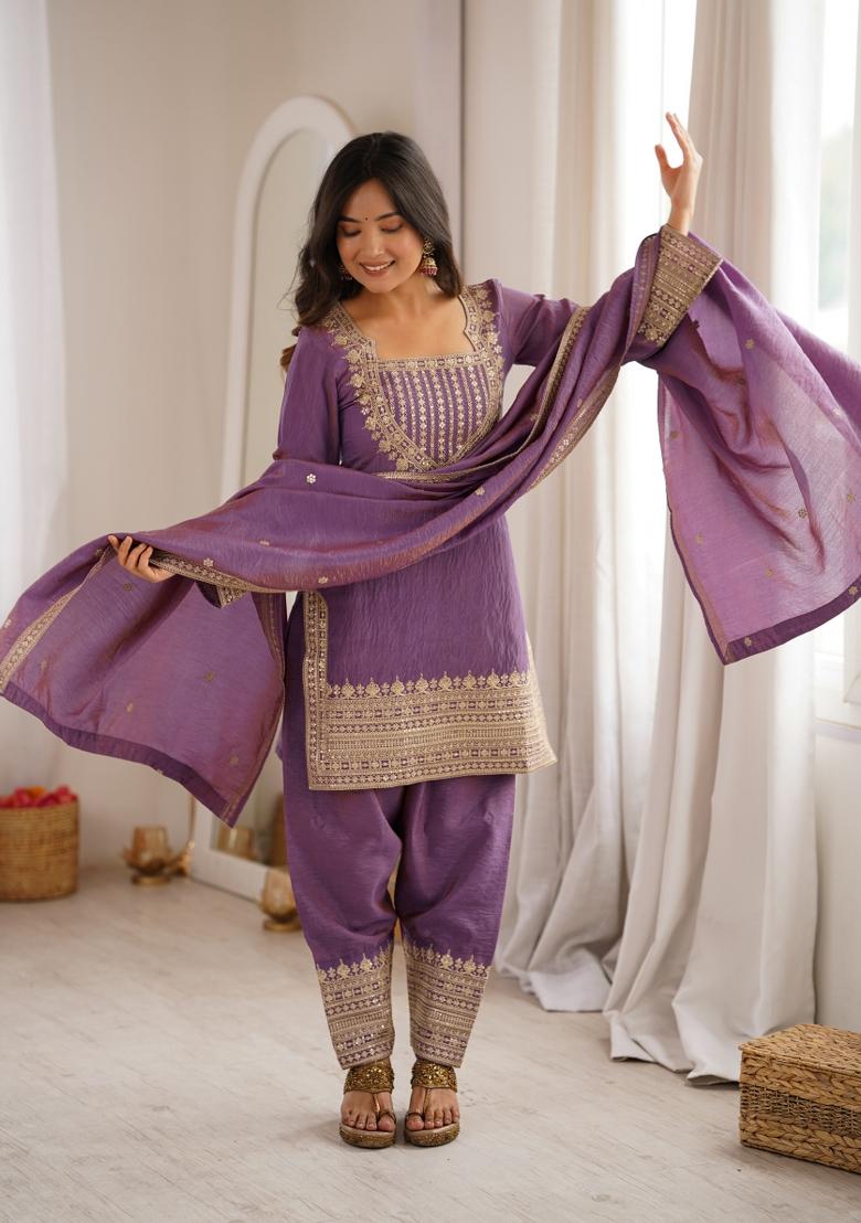 Purple Zari Work Silk Blend Kurta Set - Indya