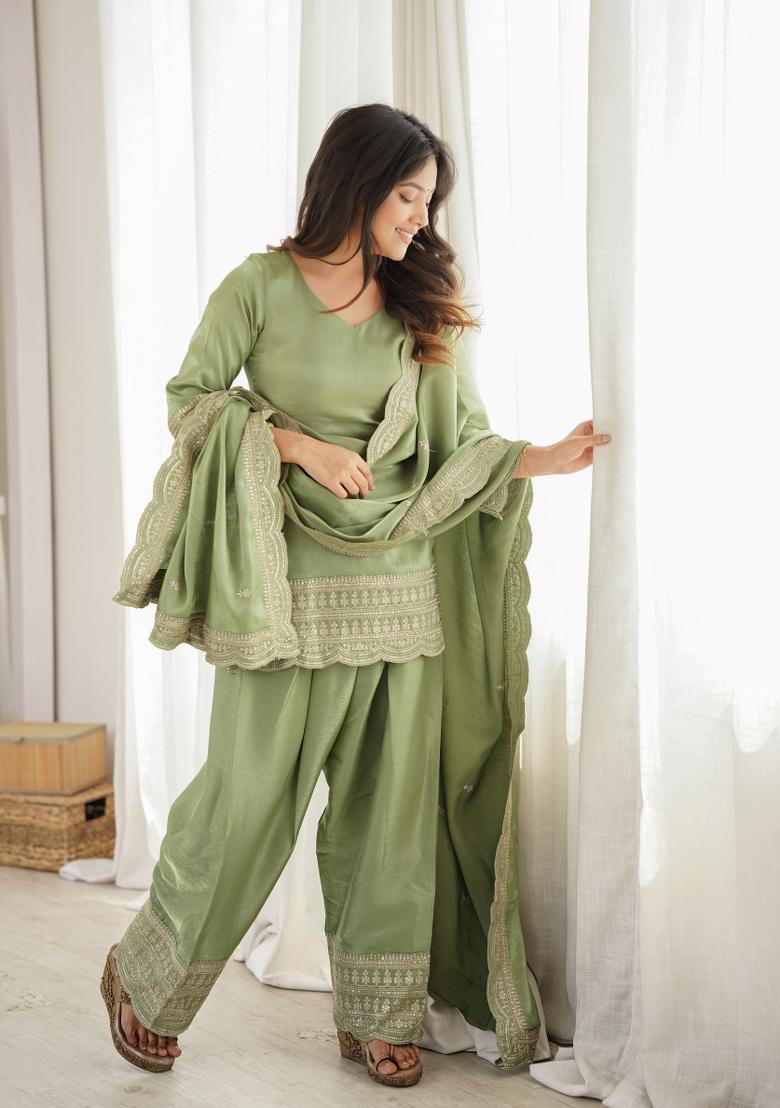Pista Green Zari Work Silk Blend Kurta Set - Indya
