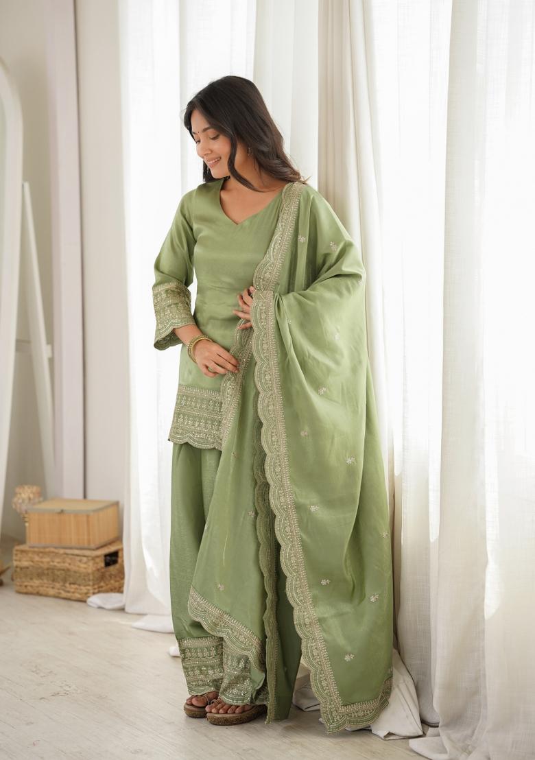 Pista Green Zari Work Silk Blend Kurta Set - Indya