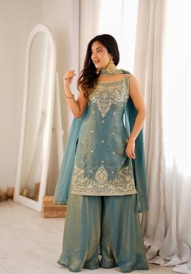 Blue Zari Work Silk Blend Kurta Set