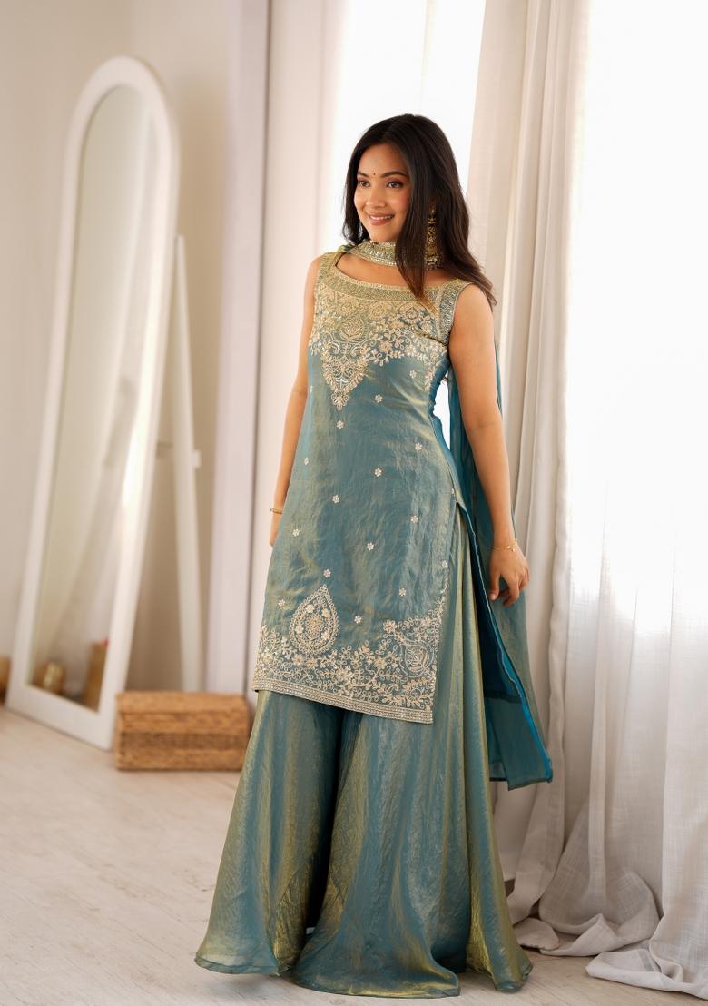 Blue Zari Work Silk Blend Kurta Set - Indya